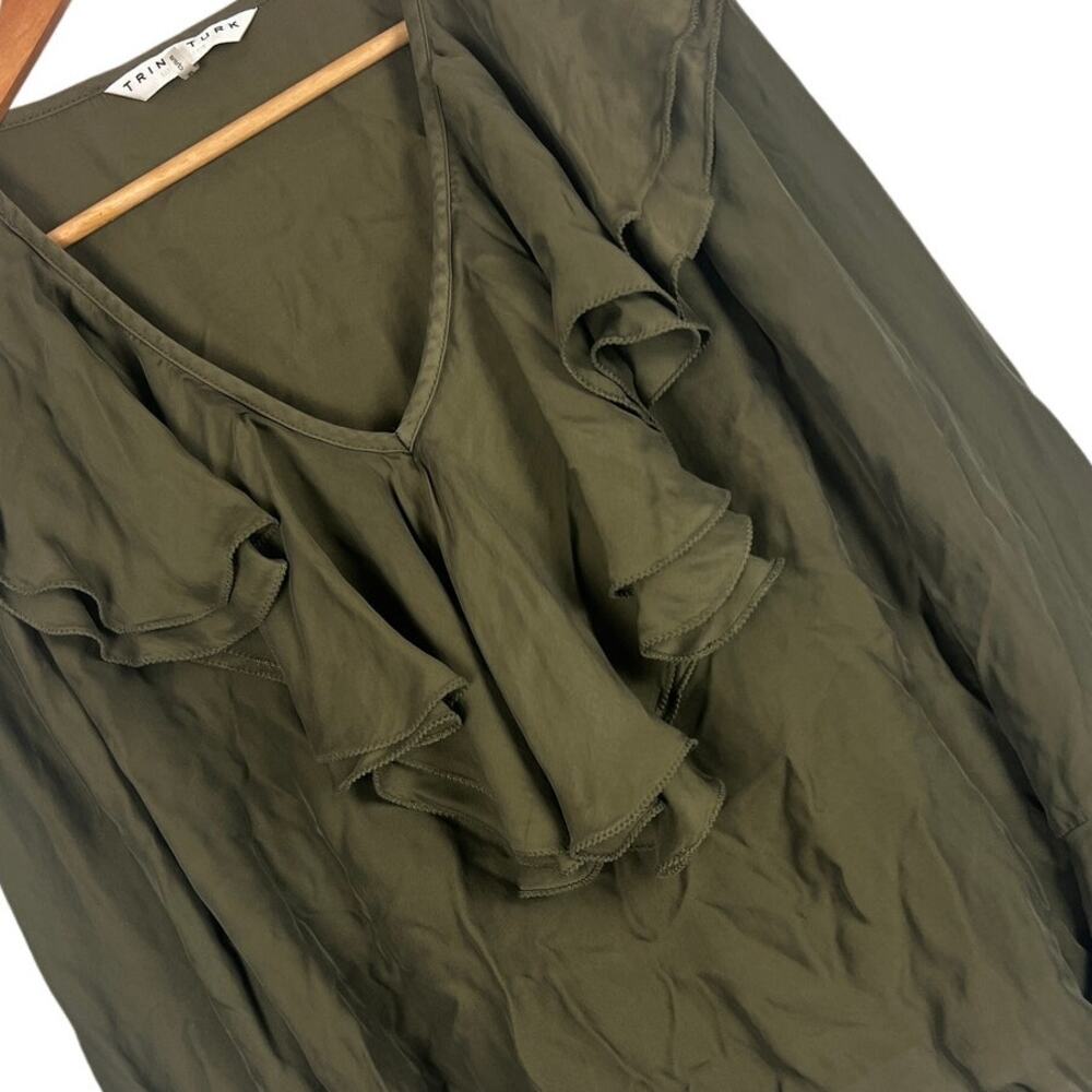 TRINA TURK Women's M Green V-Neck Long Sleeve Ruffle Semi-Sheer Blouse Fancy Top